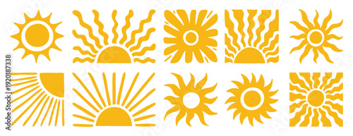 Boho suns set with desert aesthetic and mystical art vibe. Hand drawn.