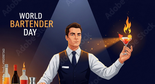 Bartender holding flaming cocktail on world bartender day with bottles