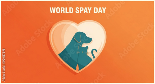 World spay day awareness graphic with heart and dog silhouette on orange background