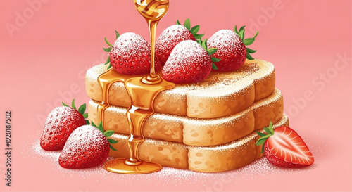 Delicious stack of toasted bread with strawberries and honey on pink background sweet breakfast concept