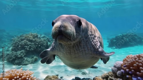 Curious monk seal swims toward camera amidst coral reef in clear turquoise ocean waters