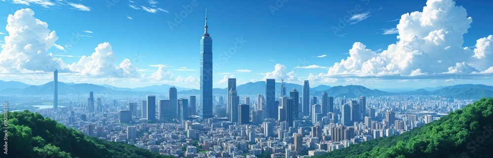 Fototapeta premium Anime style illustration of Taipeis downtown skyline with skyscrapers and mountains. Blue sky with white clouds above modern city architecture. Green hills in foreground.