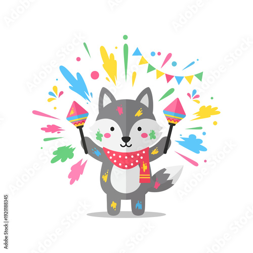 Adorable Cartoon Husky Celebrating with Colorful Confetti and Banners
