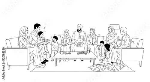 Family Gathering Around Coffee Table Illustration.