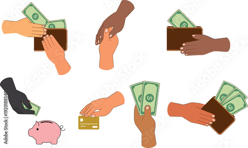 Payment methods vector set with cash, wallet, credit card and savings piggy bank, diverse hands transaction concept for finance, banking illustration collection