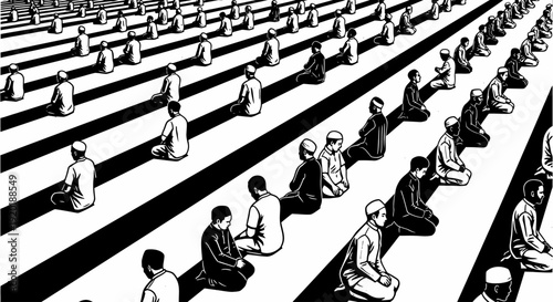 Men Praying in Rows Islamic Illustration.