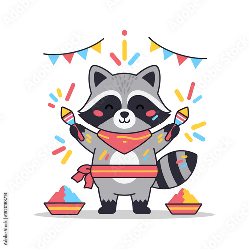 Festive Racoon Celebrating with Party Supplies and Fireworks