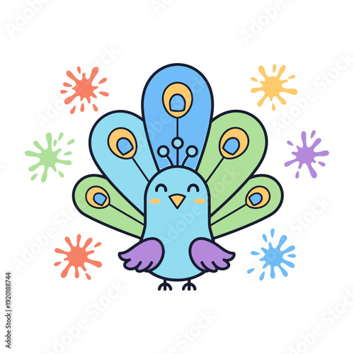 Colorful Cartoon Peacock with Bright Feathers and Sprays