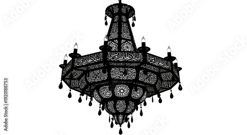 Ornate Black Metal Chandelier with Tassels.