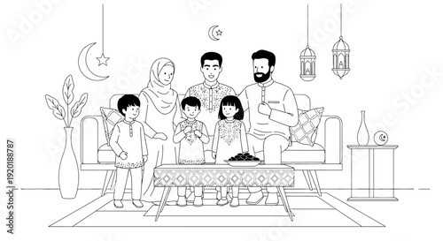 Family Illustration with Traditional Clothing and Decor.