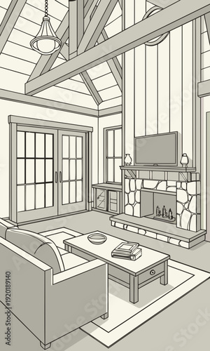 Cozy Living Room Interior Design Sketch.