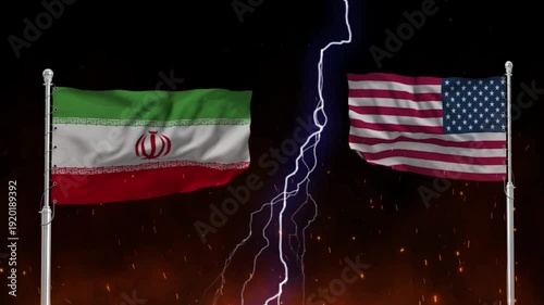 Iran and United States Flags Waving With Lightning Strike and Spark Background