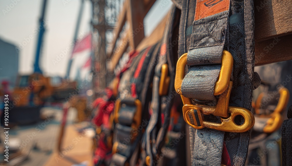 Fototapeta premium Close-up of safety harnesses hanging on wooden structure with construction site blurred