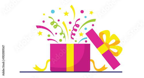 Brightly colored open gift box exploding with vibrant confetti streamers and yellow stars signifying a surprising celebration or unexpected happy announcement illustration