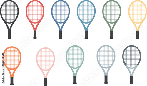 Set of colorful tennis rackets vector illustration collection with multiple design variations isolated on background for sports equipment branding fitness training and recreation concepts