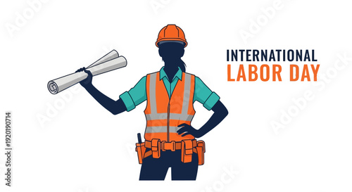 A construction worker in an orange vest and hard hat holds blueprints, celebrating International Labor Day with a raised fist and tools, in a flat design vector graphic.
