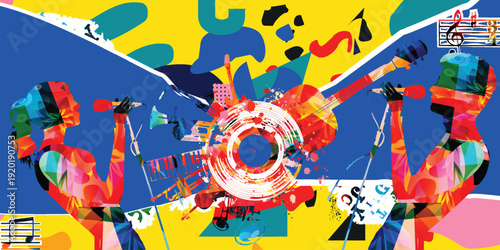 Maximalist Music Collage with Male and Female Singer Silhouettes, Acoustic Guitar and Vinyl Record on Vibrant Blue and Yellow Background