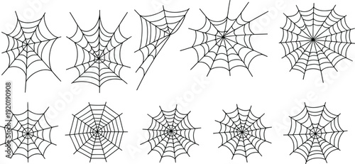 Spider web vector set with various cobweb designs, black line Halloween elements isolated on background for decoration, horror theme, spooky illustration collection