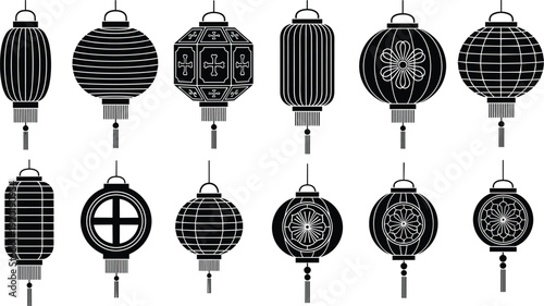 Chinese lantern vector icon collection, black and white hanging paper lanterns with traditional Asian patterns for festival decoration design