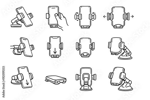 Ergonomic placement icon vector accessory modern phone holder operation clip action automatic