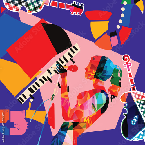 Maximalist Music Collage with Female Singer Silhouette, Piano Keys and Abstract Instruments on Vibrant Purple and Pink Background