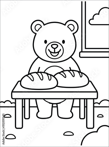 Happy Bear with Loaves of Bread Coloring Page