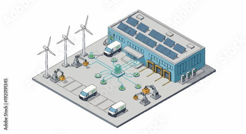 Sustainable industrial facility with renewable energy sources and eco-friendly practices.