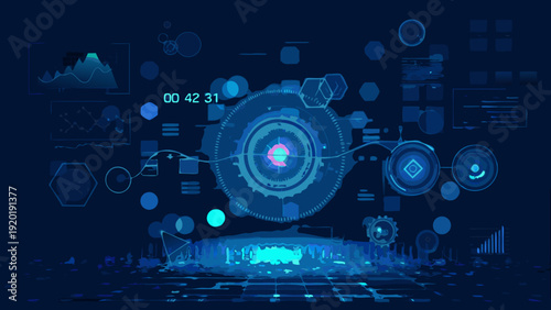 Abstract futuristic interface with glowing digital elements and data visualization
