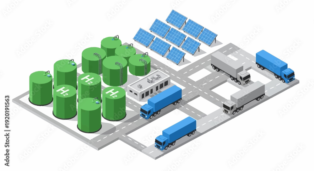 Fototapeta premium Industrial facility with storage tanks and solar panels.