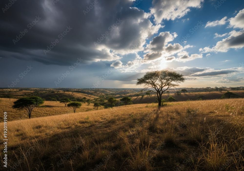 Fototapeta premium Golden Savanna Landscape with Acacia Tree Dramatic Clouds and Sunburst.