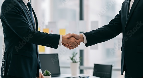 Two businessmen in black suits shaking hands in an office with a blurred background of a desk and window