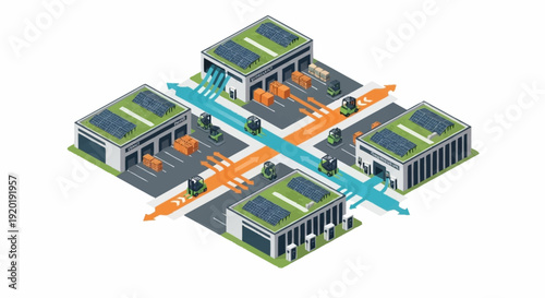 Isometric illustration of a data center with server buildings and network infrastructure.