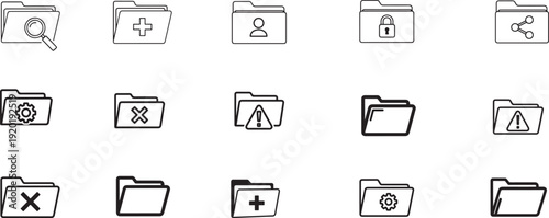 Professional folder management icons - Solid user profile, secure data, and file organization line art set.
