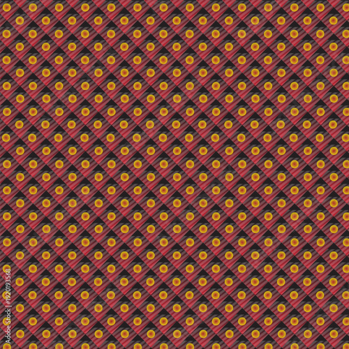 Seamless Red and Black Plaid Geometric Pattern with Yellow Gold Polka Dots