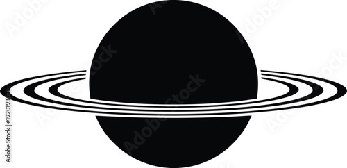 A pure black silhouette of a perfectly spherical planet with a clean, symmetrical ring system around it, a clean white background