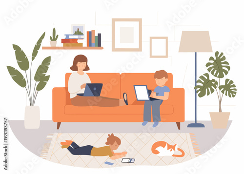 Family enjoying leisure time at home with technology and plants