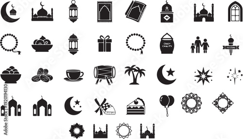 Ramadan and Eid Al-Fitr Solid Black Icon Set – Islamic Festival Fill Vector