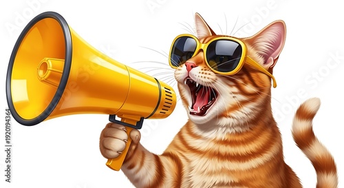 Vibrant tabby cat in cool shades loudly announcing a playful message