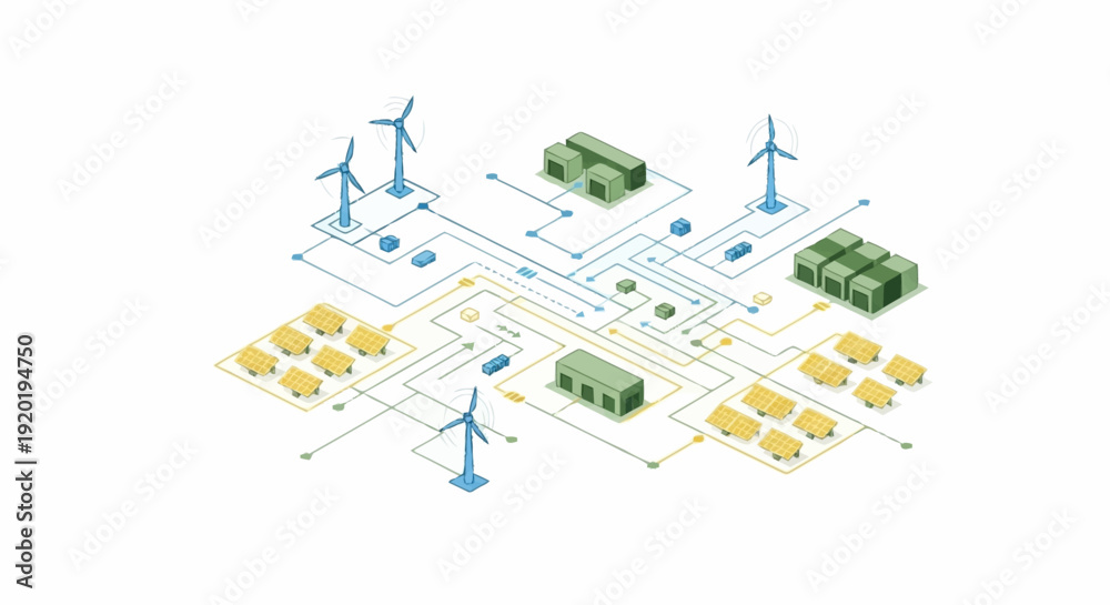 Fototapeta premium Renewable Energy Infrastructure with Wind Turbines and Green Buildings.