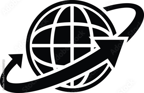 A solid black silhouette of a simple globe with a sleek, curved arrow appearing to orbit around it, a clean white background