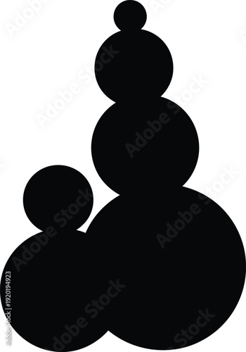 A whimsical, pure black silhouette of three to five differently sized, solid planets stacked unevenly on top of each other, a clean white background