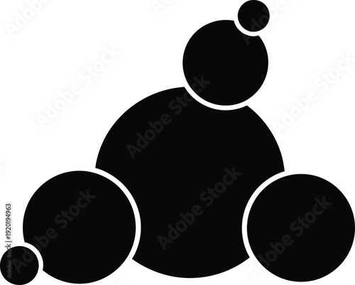A whimsical, pure black silhouette of three to five differently sized, solid planets stacked unevenly on top of each other, a clean white background