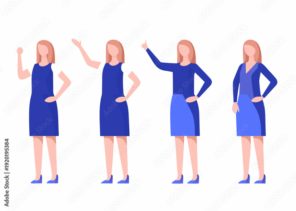 Obraz premium Four women in blue dresses demonstrating different gestures and poses