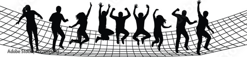 Silhouette of active diverse people jumping and bouncing on safety net during group recreation activity isolated on checkered background vector