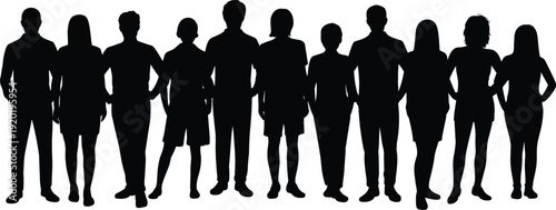 Black silhouettes of eleven diverse people standing in a line on a white background Keywords: people, silhouette, group, crowd