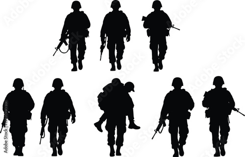 Soldiers in uniform with rifles, military action, group walking, one carrying comrade, combat ready, professional army silhouettes