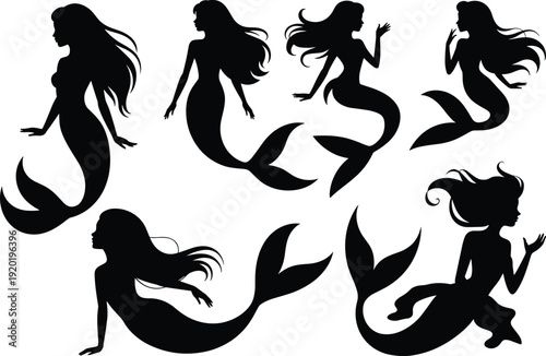 Black silhouettes of seven mythical mermaids in various poses on a white background Keywords: mermaid, silhouette, mythical