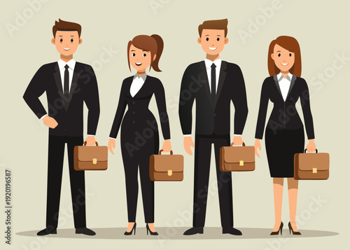 Four business professionals standing in a row smiling cheerfully