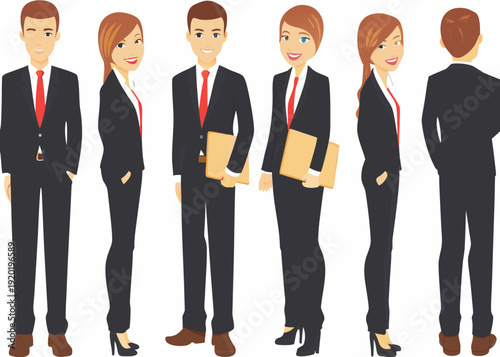 Diverse group of business professionals in formal attire shown in various poses