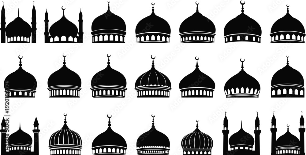 Картината върху платно Set of 20 Islamic mosque dome and minaret silhouette vector icons showcasing div